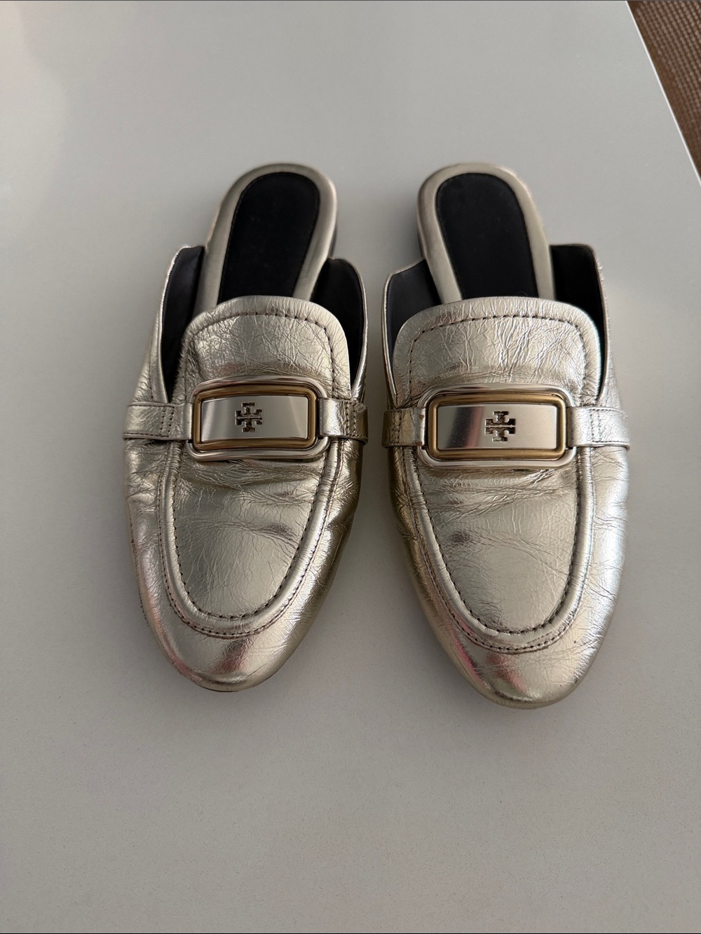 Tory Burch Metallic Gold Slip-On Mule with Logo Plaque
